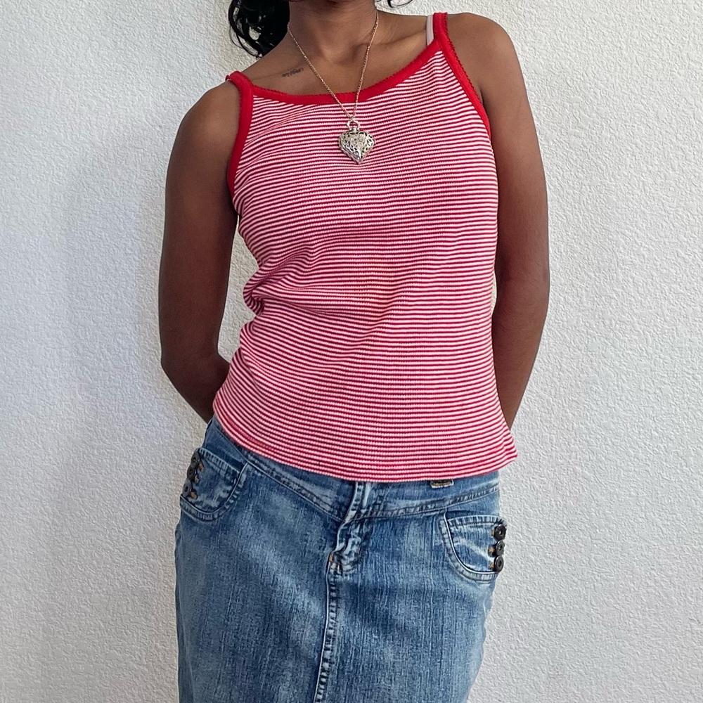 🍓vintage Bugle Boy red striped tank top with lace trim for her